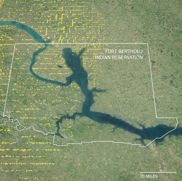 More than 1,370 oil wells, shown here in yellow, have been drilled on the Fort Berthold Indian Reservation. Credit The New York Times